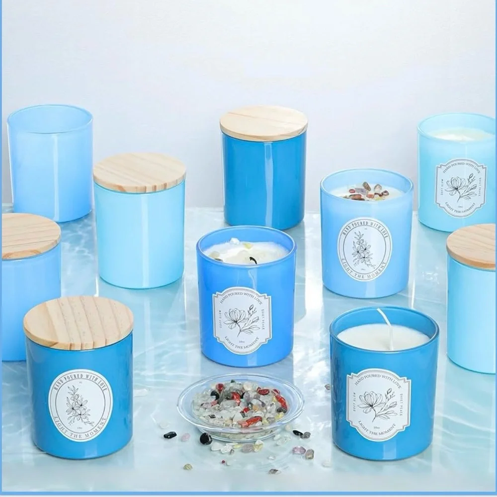 Candle Making 12Pcs Assorted Blue Glass Candle Jars with Wooden Lids